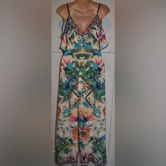 FLYING TOMATO BoHo Multi Ruffle Strappy Tropical Jumpsuit size S - Picture 4 of 6